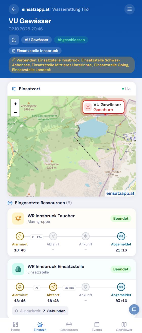 Einsatzansicht der einsatzapp.at mit Karte und Zeitverlauf