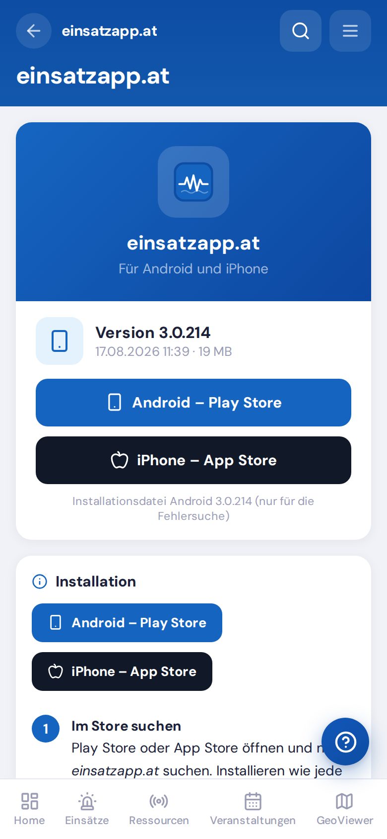Download-Seite der einsatzapp.at mit Installationsschritten