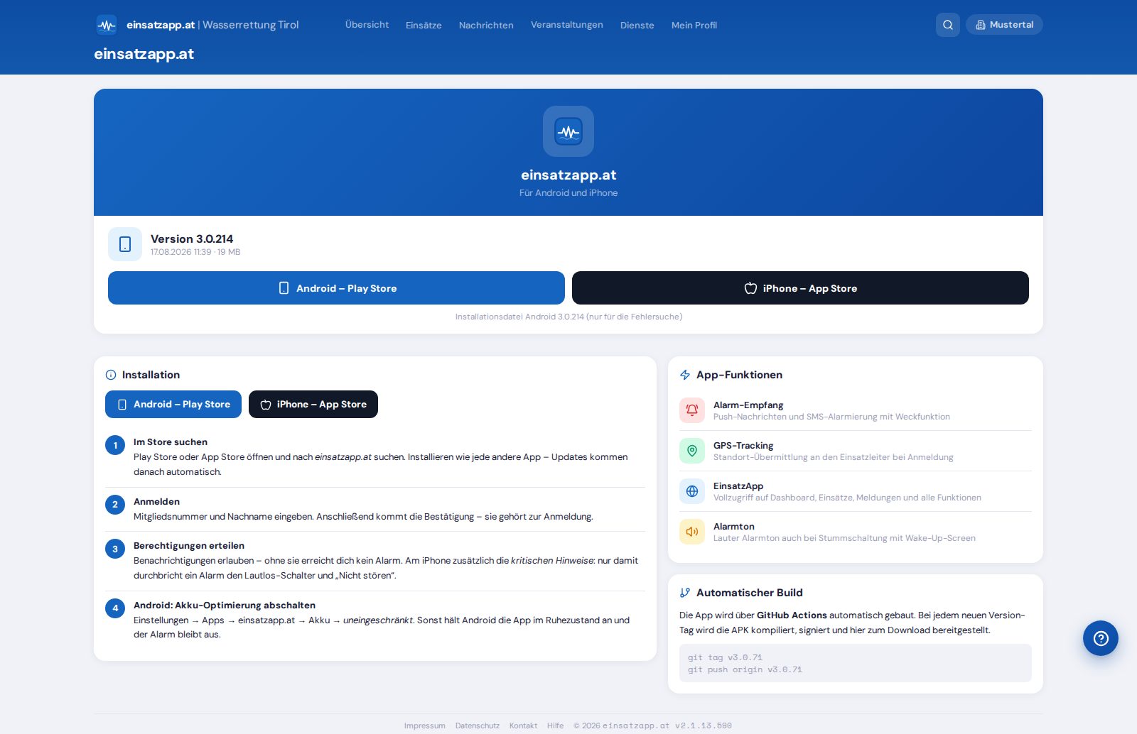 Download-Seite der einsatzapp.at mit Installationsschritten (PC-Ansicht)
