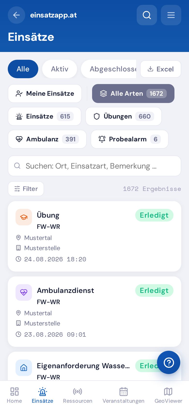 Einsatzliste mit aktiven und vergangenen Einsätzen
