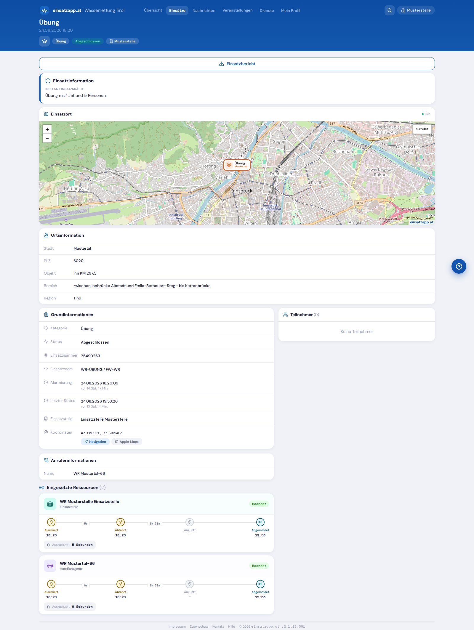 Detailseite eines Einsatzes mit Karte und Ressourcen (PC-Ansicht)
