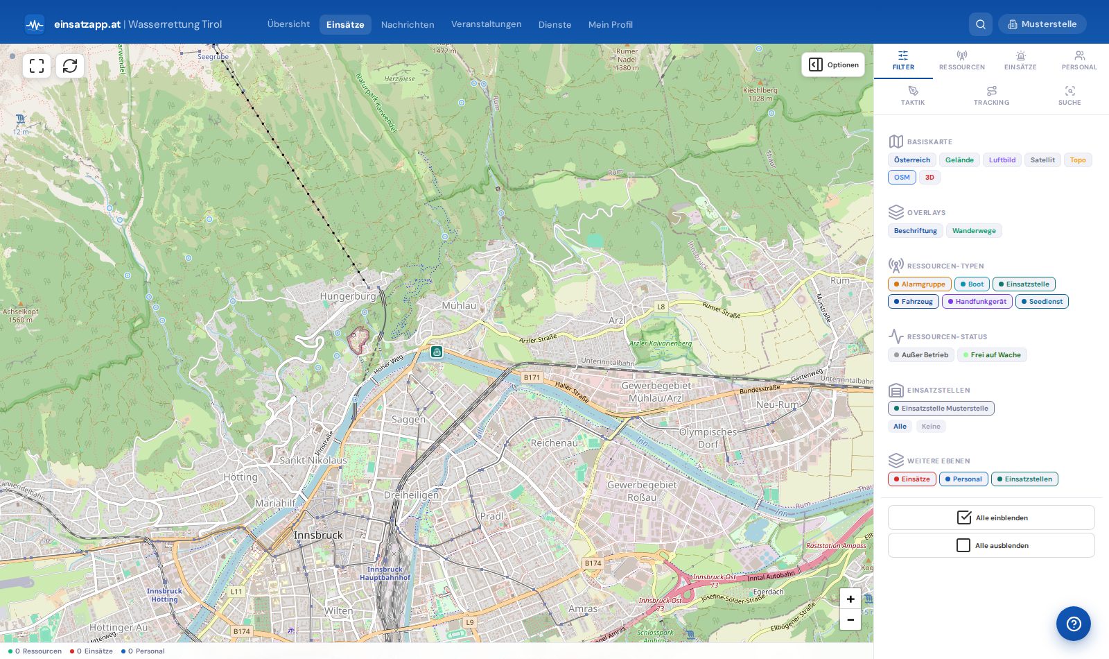 GeoViewer: Karte mit Einsätzen und Ressourcen (PC-Ansicht)