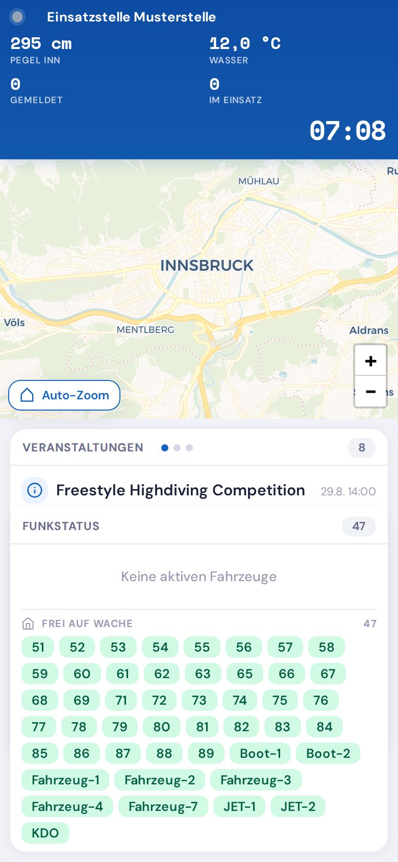 MonitorView mit Einsätzen und Ressourcenstatus