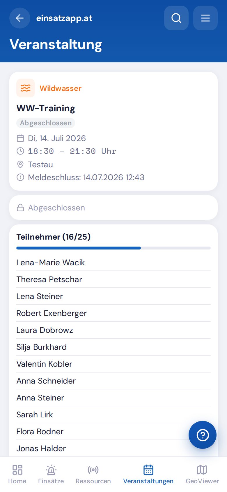 Detailseite einer Veranstaltung mit Teilen, Anmeldelink und Exporten