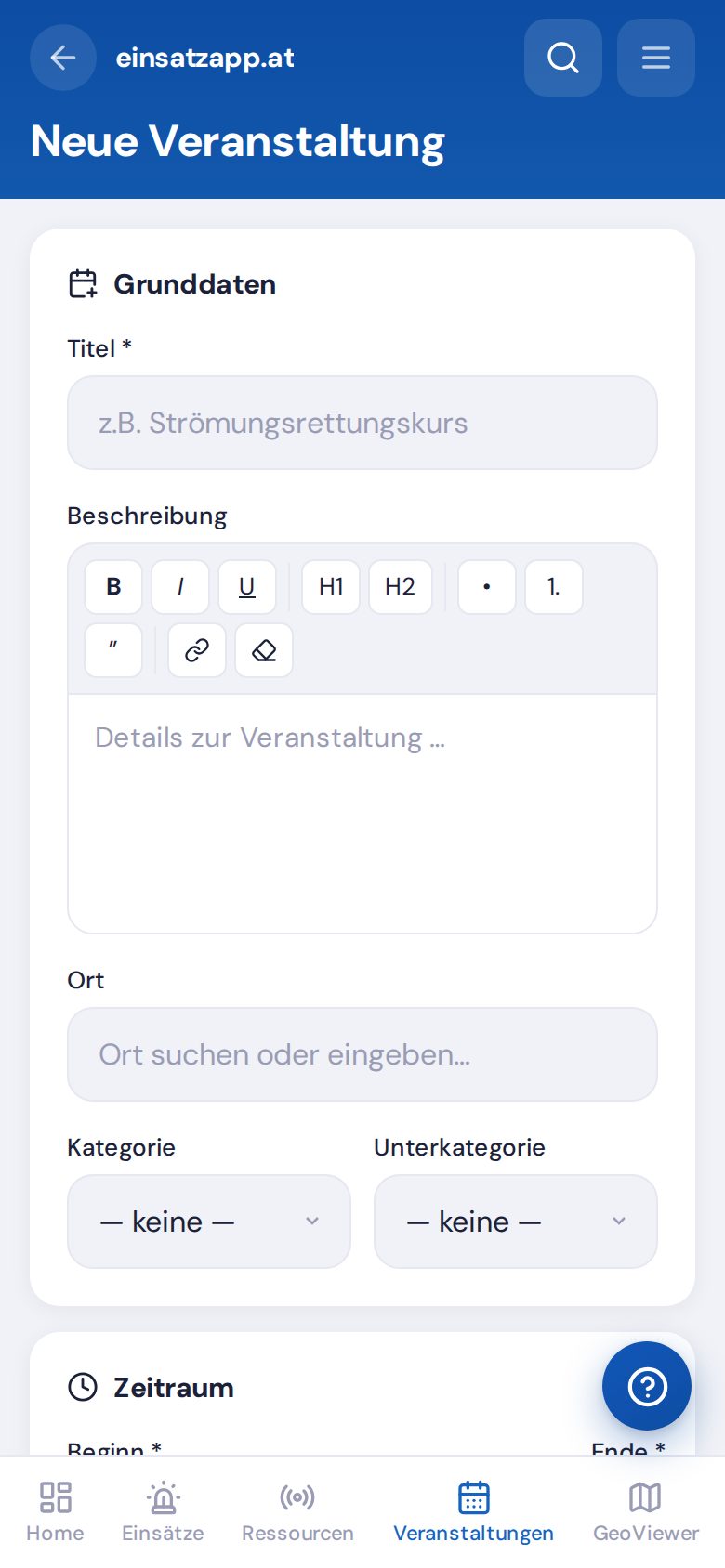 Einstellungen der Veranstaltung mit den vier Schaltern