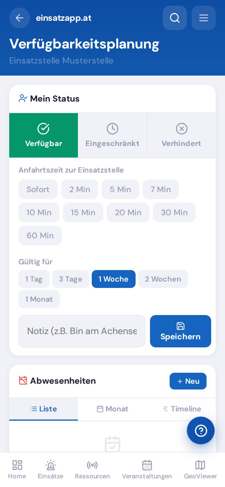 Eingabemaske für eine neue Abwesenheit