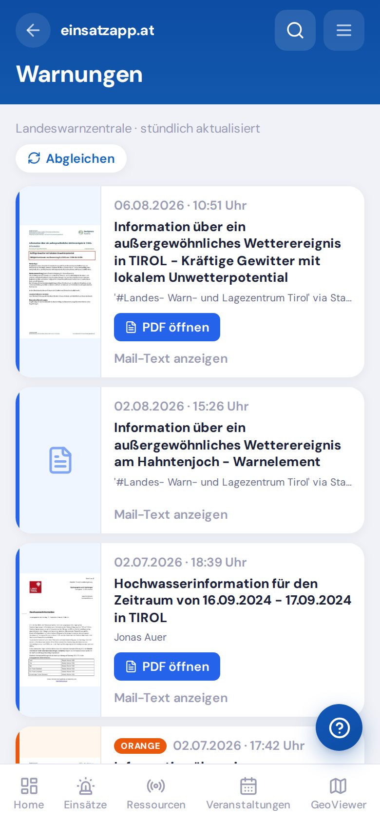 Warnungen der Landeswarnzentrale mit PDF-Vorschau